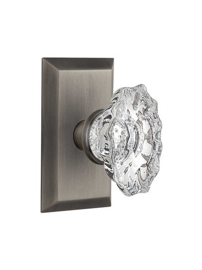 New York Rosette Door Set with Chateau Crystal Glass Knobs in Antique Pewter.